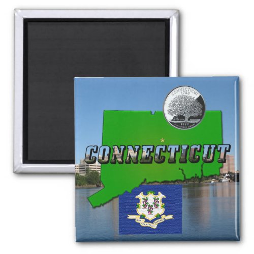 Connecticut Map Text Faux Quarter Flag Scenery Magnet