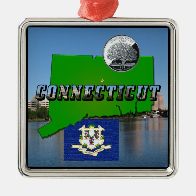 Connecticut' Map, Text, Faux Quarter, Flag Scenery Metal Ornament (Front)