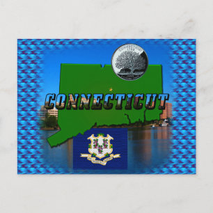 Connecticut' Map, Text, Faux Quarter, Flag Scenery Postcard