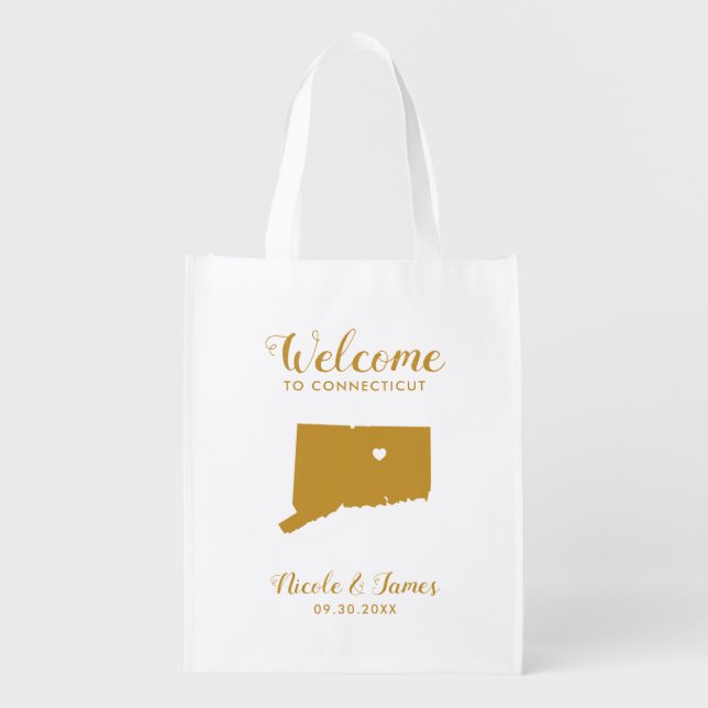 Connecticut Map Wedding Welcome Bag Tote, Gold (Front)