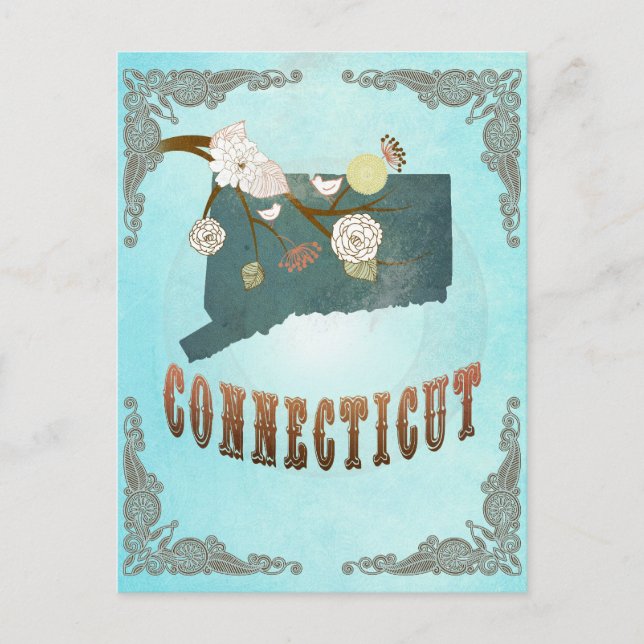 Connecticut Map With Lovely Birds Postcard (Front)
