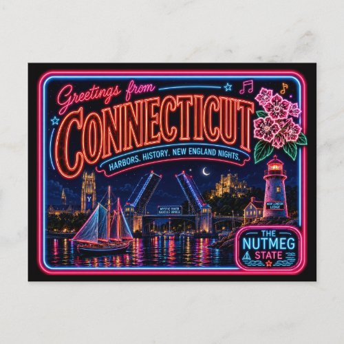 Connecticut Neon State Retro Vintage Postcard