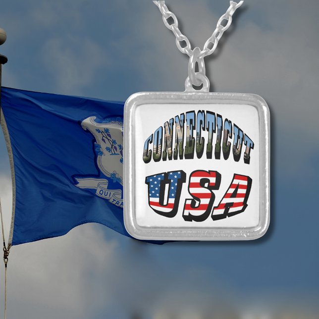 Connecticut Picture and USA Flag Text Square Silver Plated Necklace (Connecticut Picture and USA Flag Text Square Silver Plated Necklace)