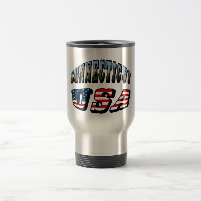 Connecticut Picture and USA Flag Text Travel Mug (Center)