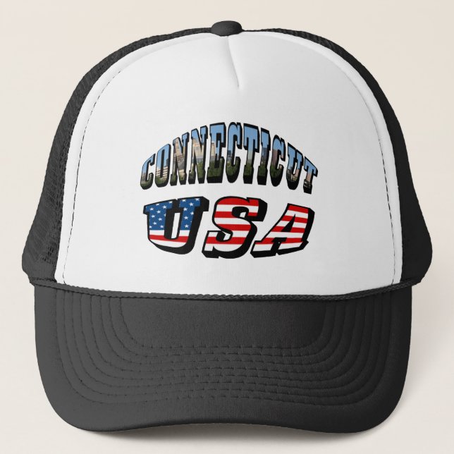 Connecticut Picture and USA Flag Text Trucker Hat (Front)