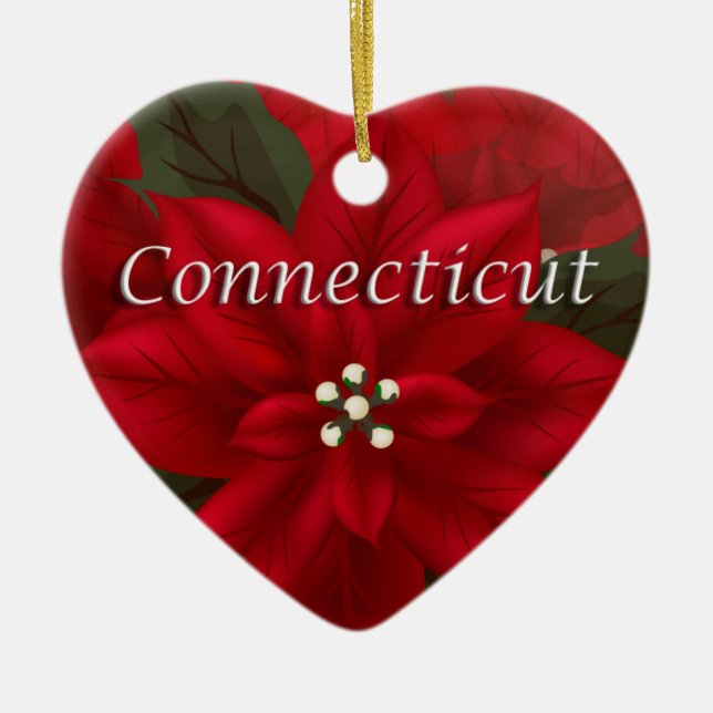 Connecticut Red Poinsettia Heart Ornament (Front)