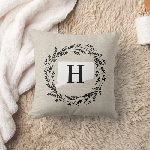 Connecticut Rustic Wreath Monogram Throw Pillow