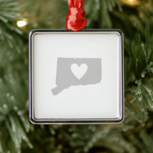 Connecticut Shaped Grey with Heart Gray Nutmegger Metal Ornament