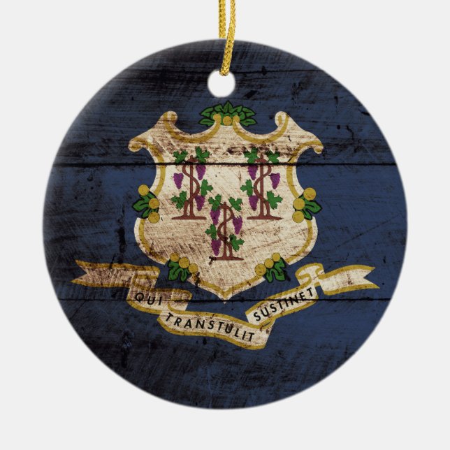 Connecticut State Flag on Old Wood Grain Ceramic Ornament (Front)
