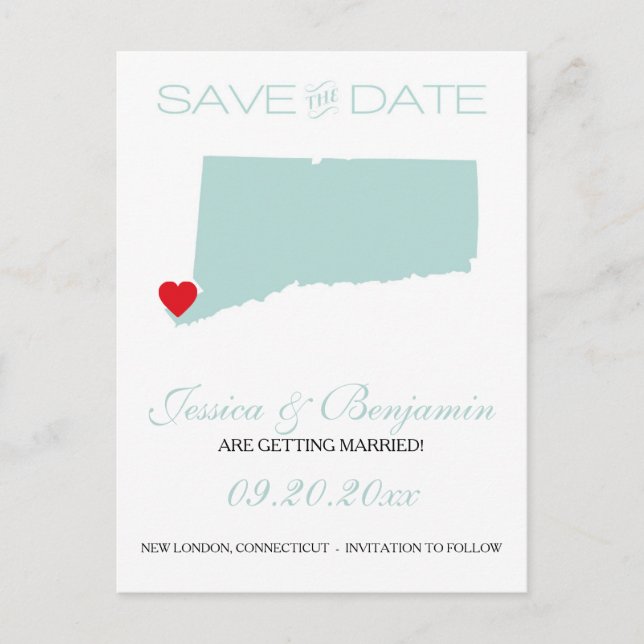 Connecticut State Map Save the Date Announcement Postcard (Front)