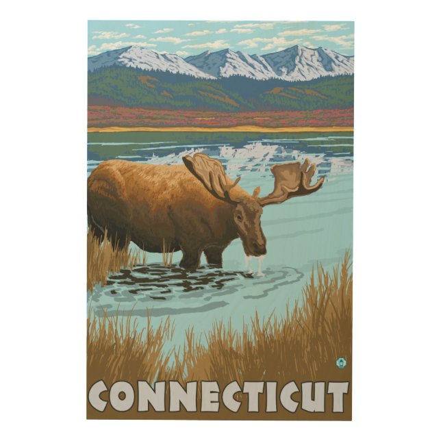 ConnecticutMoose Drinking in Lake Wood Wall Decor (Front)