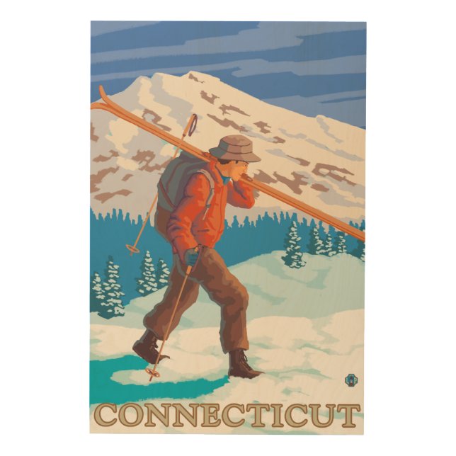 ConnecticutSkier Carrying Skis Wood Wall Decor (Front)