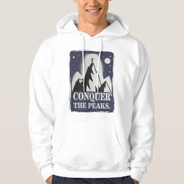 Conquer the Peaks Motivational Mountain Design Hoodie (Front)