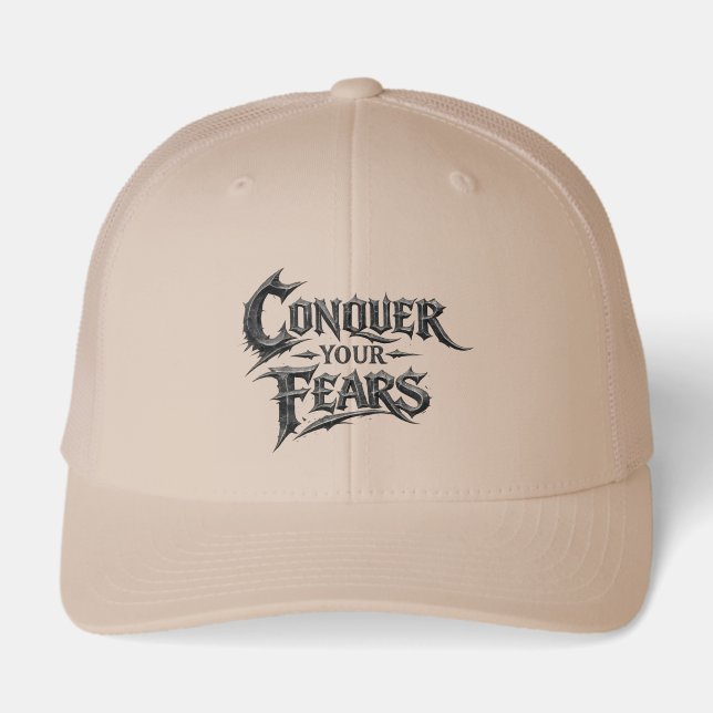 Conquer Your Fears Beige Trucker Hat (Front)
