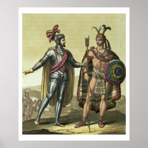 Conquistador with a Native American Chief colour Poster