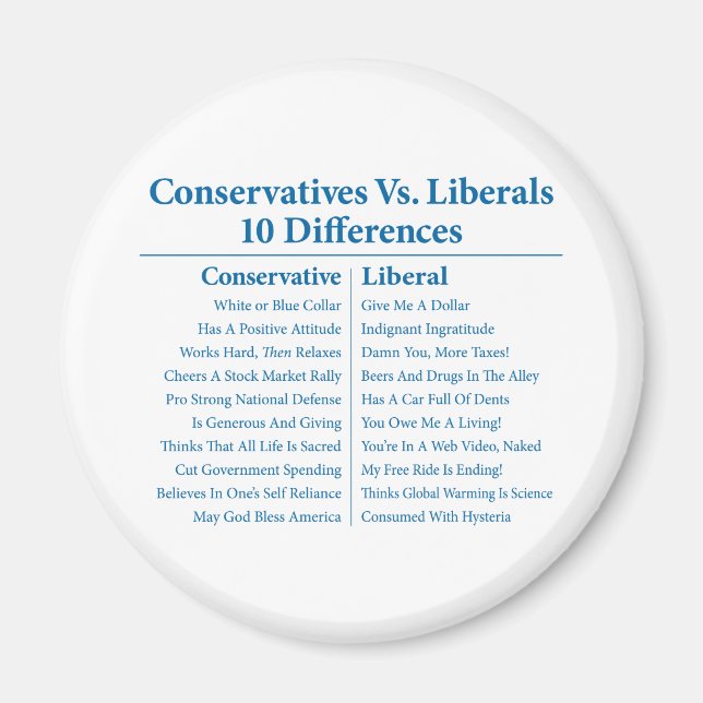 Conservatives Vs. Liberals 10 Differences Magnet (Front)