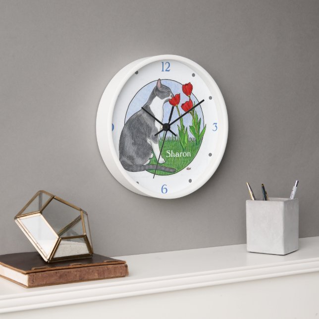 Consider the Flowers Cat with Tulips Personalized Clock (Office)