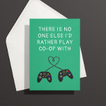 Console Gamer Love Anniversary Card<br><div class="desc">Perfect for the couple that games together, this teal green anniversary card front text says "there is no one else I'd rather play co-op with" and the inside "happy anniversary to my favorite player two." Two black console controllers are connected with a heart shaped cord. This paper greeting card is...</div>