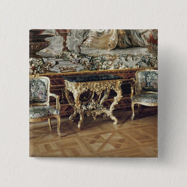 Console table and two armchairs, 1745 pinback button (Front)