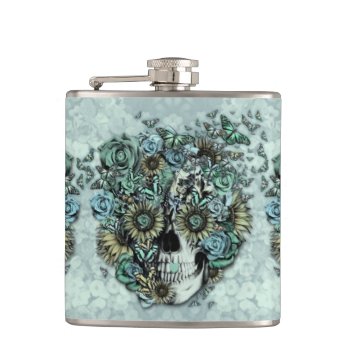 Constant  Pale Blue Butterfly Skull Hip Flask by KPattersonDesign at Zazzle