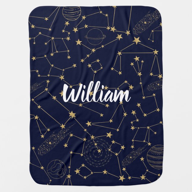 Constellation Galaxy Space Personalized Blue Baby Baby Blanket (Front)