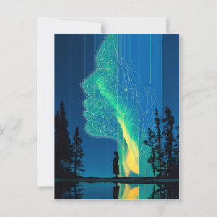 Constellations and aurora, minimalist line art postcard