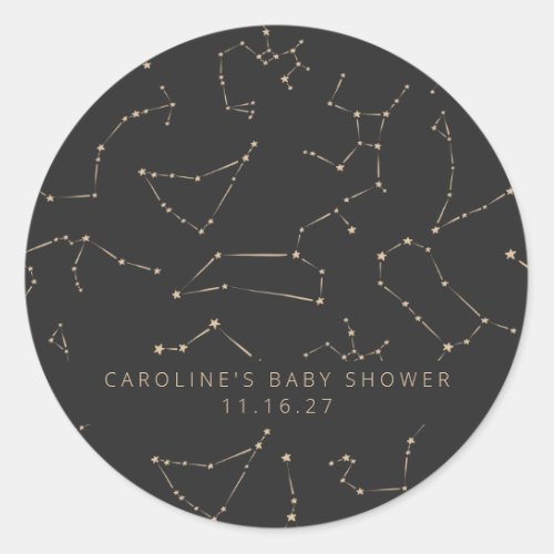 Constellations Stars Black Gold Custom Baby Shower Classic Round Sticker