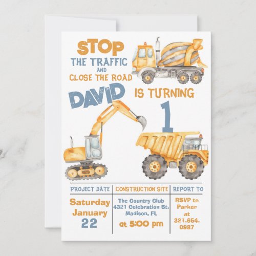 Construction 1st Birthday Dump Truck Party Invitation