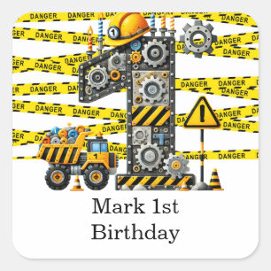 Construction 1st Birthday Party Square Sticker