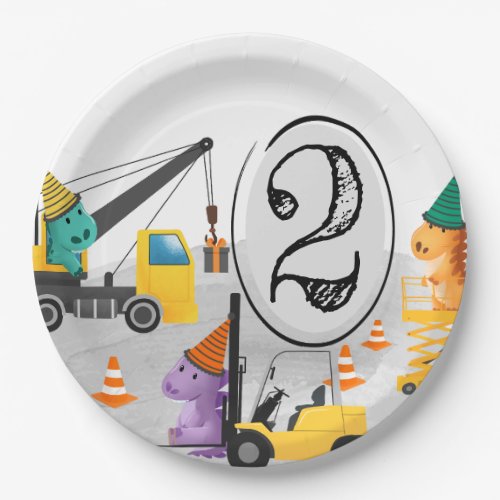 Construction 2nd Birthday Party Dinosaur Theme Paper Plates