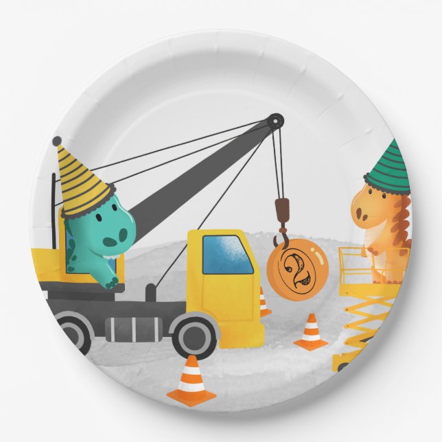 Construction 2nd Birthday Party, Dinosaur Theme Paper Plates (Front)