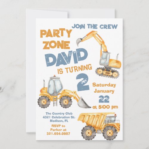 Construction 2nd Birthday Party Invitation