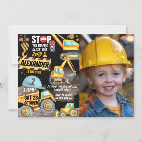 Construction 2nd Birthday Photo Dump Truck Digger Invitation