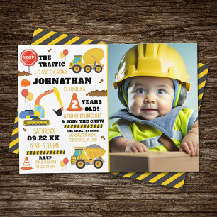 Construction 2nd Birthday Photo Invitation