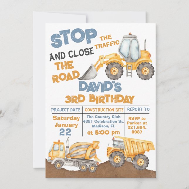 Construction 3rd Birthday Dump Truck Party Invitation (Front)