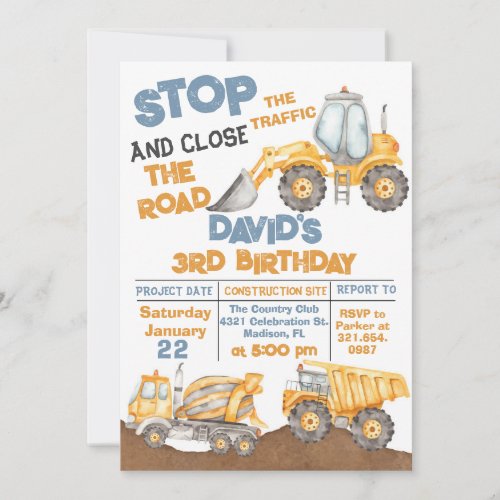 Construction 3rd Birthday Dump Truck Party Invitation
