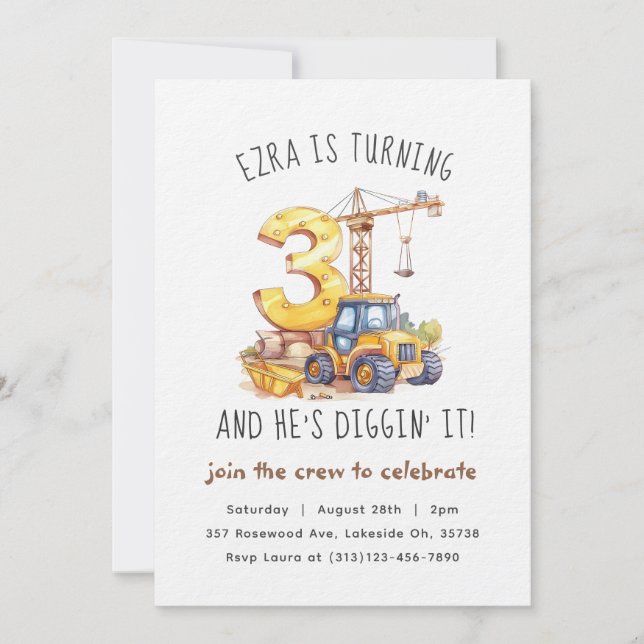 Construction 3rd Birthday Party Invitation (Front)