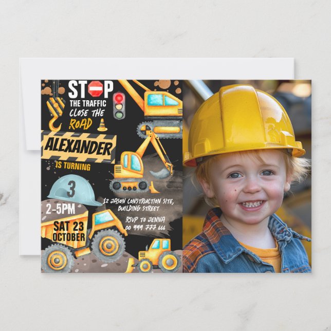 Construction 3rd Birthday Photo Dump Truck Digger Invitation (Front)