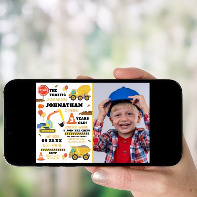 Construction 3rd Birthday Photo Invitation (Front Digital)