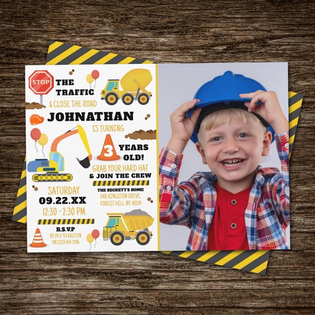 Construction 3rd Birthday Photo Invitation (Creator Uploaded)