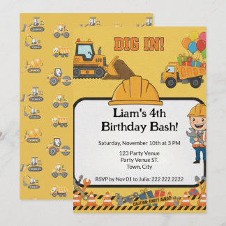 Construction 4th Birthday Invitation | Boy Truck