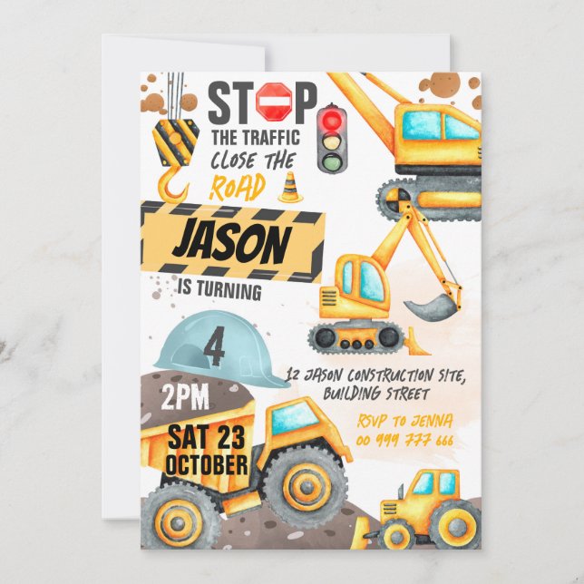 Construction 4th Birthday Party Dump Truck Digger Invitation (Front)