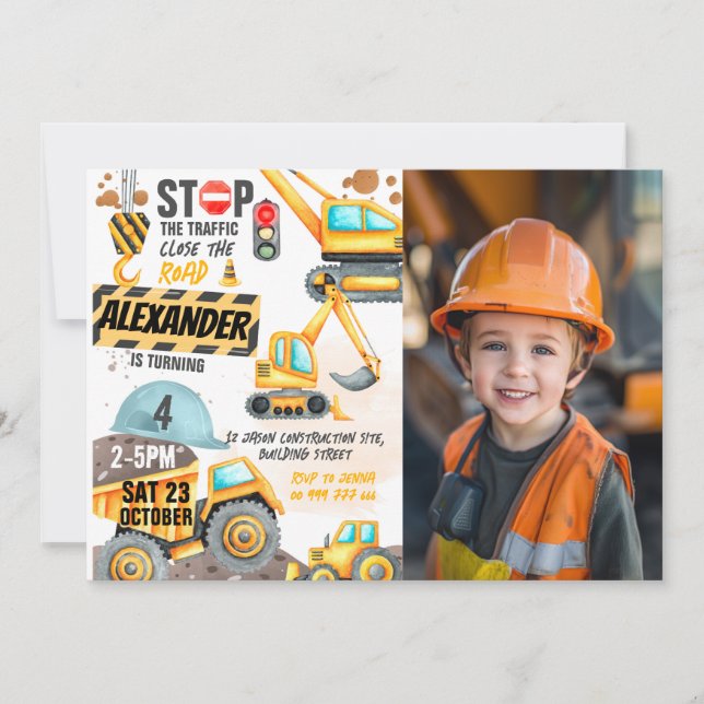 Construction 4th Birthday Photo Dump Truck Digger Invitation (Front)