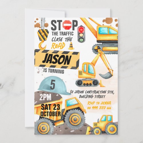 Construction 5th Birthday Party Dump Truck Digger Invitation