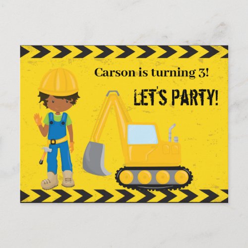 Construction African American Kids Birthday Party Postcard