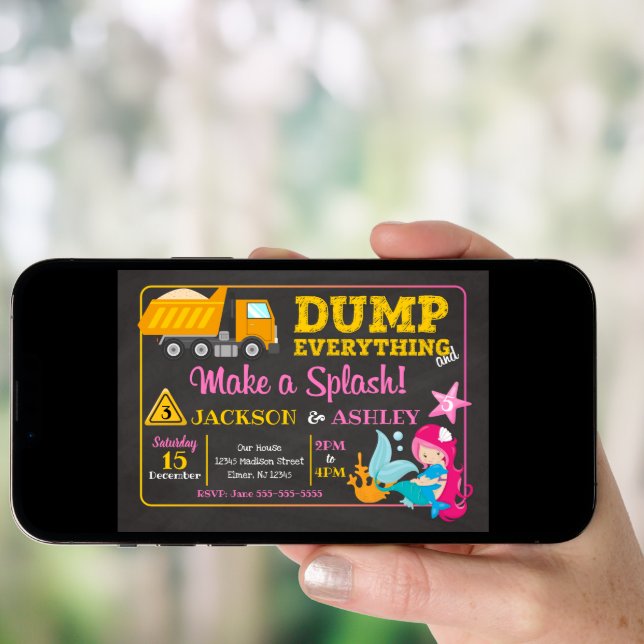 Construction and Mermaid Joint Birthday Invitation (Front Digital)