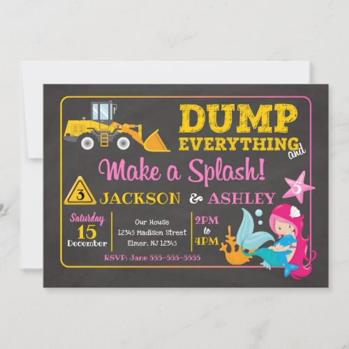 Construction and Mermaid Joint Birthday Invitation