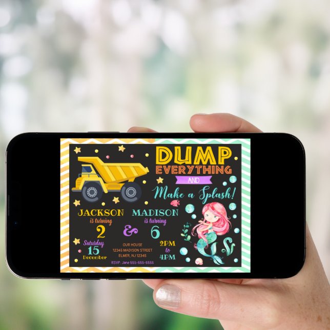 Construction and Mermaid Joint Birthday Invitation (Front Digital)