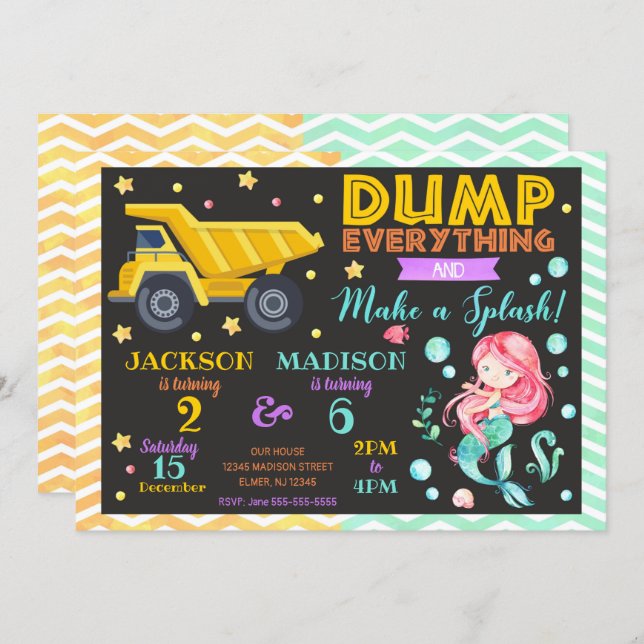 Construction and Mermaid Joint Birthday Invitation (Front/Back)
