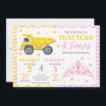 Construction and Princess Joint Birthday Invitation<br><div class="desc">Construction & Tiaras Birthday Invitation – Trucks and Tiaras, Join Us to Celebrate Get ready for the perfect mix of big trucks and royal sparkle with this fun and unique Construction & Tiaras birthday invitation! Featuring a bright yellow dump truck on one side and a delicate pink princess tiara on...</div>